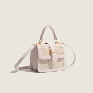 Women Casual Woven Straw Crossbody Bag PU Leather Small Handbag Metal Lock Summer Daily Shoulder Bag