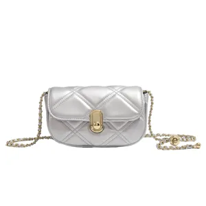 Silver mini quilted chain crossbody shoulder bag for women, elegant metallic handbag.