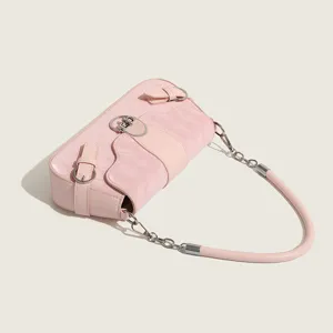 Pink shoulder bag for women, retro underarm handbag with metal lock buckle and chain strap.