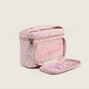 Pink cosmetic bag with cute cat print, large capacity square travel makeup storage organizer for women