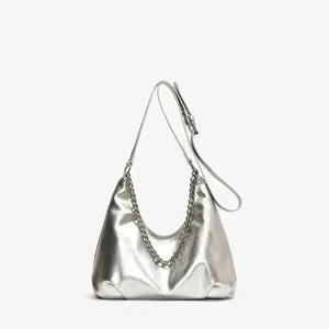 Silver metallic shoulder underarm tote bag for women with chain strap and sleek commuter design.