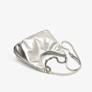 Silver metallic hobo bag for women, chic chain shoulder bag and stylish commuter handbag.