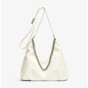 White chic shoulder bag for women, trendy chain underarm tote handbag, spring summer style.