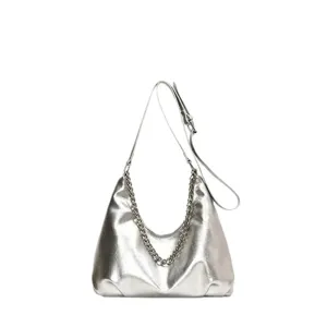 Silver metallic shoulder underarm bag for women stylish chain commuter tote handbag