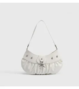 White hobo shoulder bag with star charm and ruched design, trendy underarm bag for women.