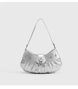 Silver metallic shoulder bag hobo underarm purse trendy Y2K star charm stylish handbag.