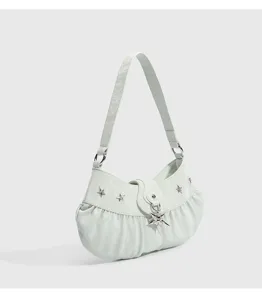 Mint green chic underarm shoulder bag with star charms and stylish pleated design for women.