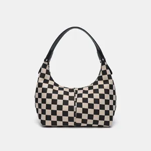 Rétro Noir Et Blanc Damiier Ravioli Sac Toile Épaule Aisselle Sac Casual Cabas Sac À Main Pour Femmes Trajet Quotidien