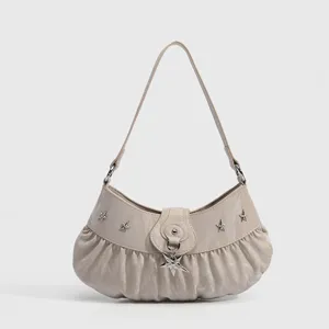 Women Underarm Bag PU Leather Pleated Shoulder Bag Y2K Fashion Crescent Hobo Bag With Star Pendants Daily Handbag