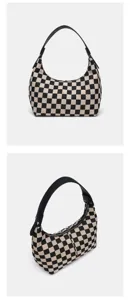 Sac porté épaule hobo à motif damier noir et blanc, sac à main rétro tendance pour femme.