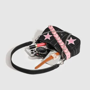 Y2K punk style black canvas shoulder bag with pink star patches and chain strap for women
