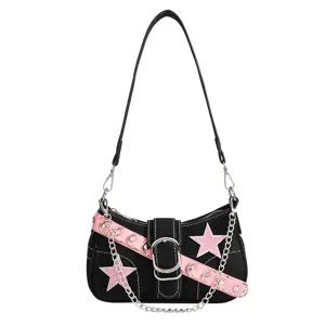 Y2K aesthetic black shoulder bag with pink strap star patches and metal chains for women