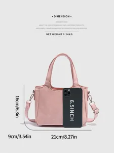 Pink tote bucket bag detail view showing compact size dimensions and capacity comparison.