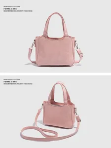Pink leather handbag for women, stylish bucket tote bag with adjustable shoulder strap.