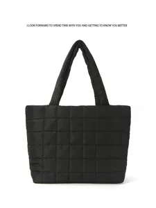 Black quilted puffer tote bag, large capacity casual commuting shoulder bag.