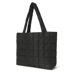 Black quilted shoulder bag, large capacity winter puffer tote bag, stylish casual design.