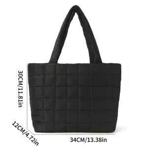 Black quilted puffer tote bag large capacity casual commuter shoulder bag daily use