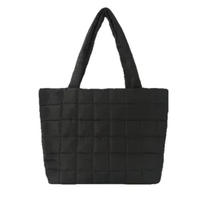 Black puffer tote bag, large capacity soft quilted shoulder bag for women daily commuting.