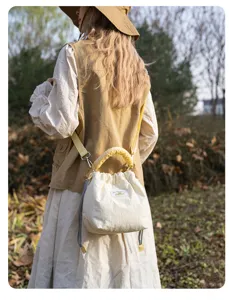 Quilted mirrorless camera bag detail shot, vintage beige shoulder bag lifestyle view display.