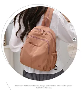 Nylon backpack detail showing multi-compartment design, lightweight and waterproof.