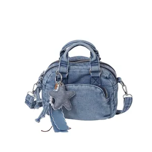 Blue denim Boston bag for women, casual stylish top handle handbag and crossbody bag with star pendant.