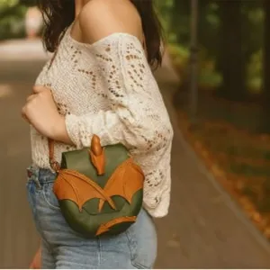 Vintage fantasy dragon wing crossbody leather bag, unique green and brown small purse for women