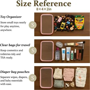 Transparant reizen organizer etui detail, roze rand, draagbare opbergtas voor cosmetica.