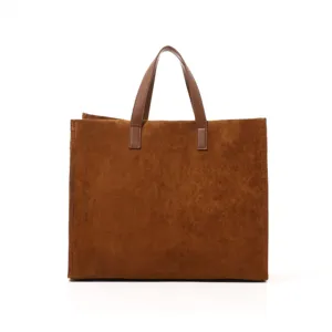 Brown suede tote bag with top handles, large capacity minimalist shoulder bag for women.