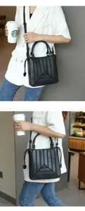 Detailed view of a stylish black PU leather shoulder bag with geometric stitching for women.