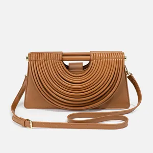 Brown pleated handbag for women, stylish arch design shoulder bag with adjustable strap.