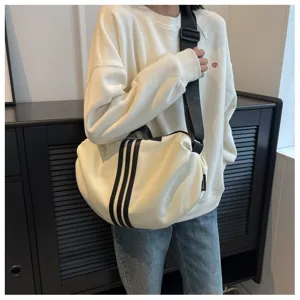 Casual white shoulder bag with black stripes, large capacity stylish crossbody bag for women.
