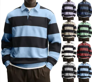 Maglietta polo a righe da uomo a manica lunga casual top largo con risvolto autunno
