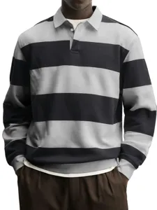 Dettaglio polo a righe a manica lunga da uomo, top casual e comodo per l'uso quotidiano.