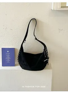 Zwarte vintage gestudde hobo schoudertas gedetailleerd overzicht, minimalistische casual tas