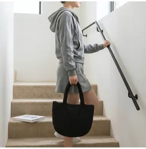 Dettaglio della borsa shopper nera trapuntata minimalista, stile casual da commuting.
