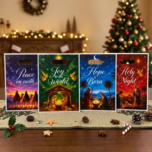 Christmas Nativity Scene Manger Gift Bags Religious Plastic Party Favors Bags With Die-Cut Handle Printed Holiday Packaging Bags