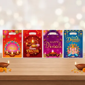 Indian Diwali Theme Plastic Gift Bags Set Ganesha Lotus Oil Lamp Print Punch Handle Bags For Festival Party Favor Decor
