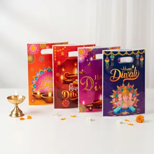 4-in-1 Diwali gift bags with diya and Ganesha print, festive plastic shopping bags.