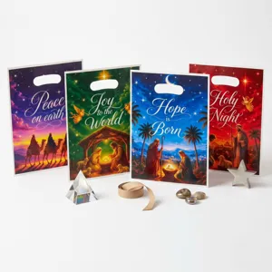 4-in-1 Manger Christmas Gift Bags Nativity Theme Die-Cut Handle Plastic Packaging Set
