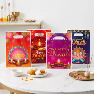 Diwali gift bags set of 4 die-cut handle goodie bags festive party supplies orange purple
