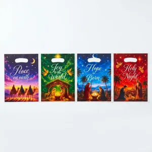4-in-1 Nativity Christmas gift bags set with punch handles, festival holiday shopping bags.