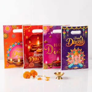 Diwali gift bags set of four plastic shopping bags with festive prints for holiday celebrations.