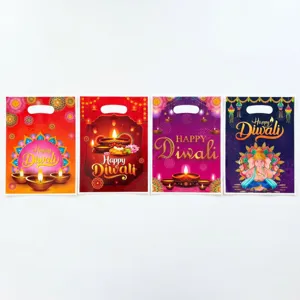Diwali gift bags with Ganesha and diya prints, festive plastic die-cut shopping bags set of 4.