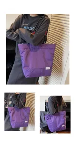 Detail view of large capacity purple plaid tote bag with climbing rope straps for daily use.