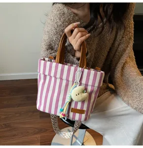 Pink Striped Canvas Tote Bag Kids Handbag Casual Commuter Crossbody Mini Bag for Daily