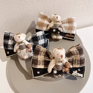 Korean Style Plaid Bow Hair Clip Cute Cartoon Bear Hairpin Sweet Girls Ponytail Clip Hair Accessories Headwear