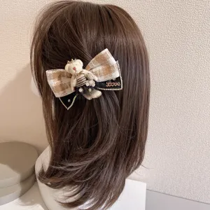 Plaid bow hair clip with cute teddy bear and love embroidery for women and girls daily wear.