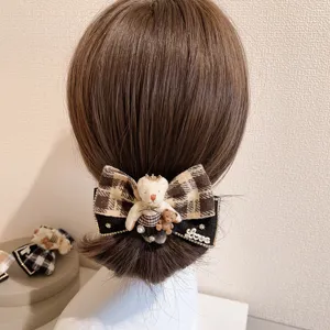 Korean Dongdaemun plaid bow hair clip with cute cartoon bear and love letter decor for women