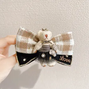 Korean style grid bow hair clip with cute cartoon bear and sparkling rhinestones for daily sweet styling
