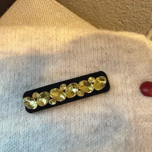 Gros plan détaillé de la barrette en velours et strass brillants pour une touche élégante.